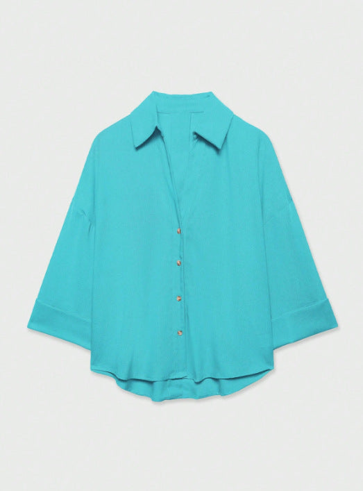 Women's Lightweight Oversized Linen Look Blouse with Three-Quarter Sleeves and Full Button Placket Amarae