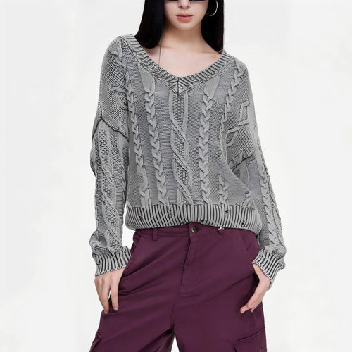 Pull en maille épaisse pour femmes avec un décolleté en V profond et un motif en côtes Chic & Stil