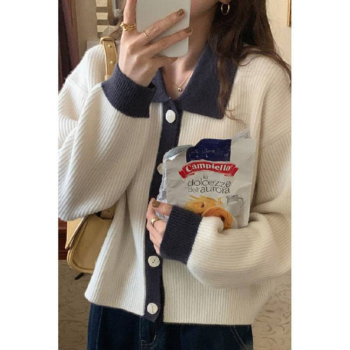 Plus size women's cardigan with contrasting collar and button detail Amarae