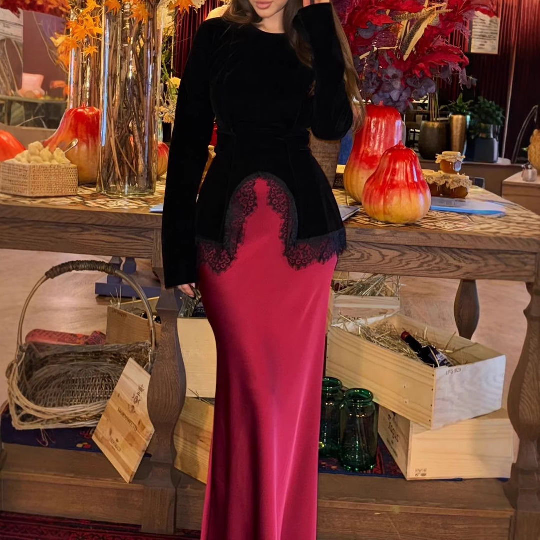 Ladies Velvet Long Sleeve with Lace Hem and Curved Front Detail Amarae