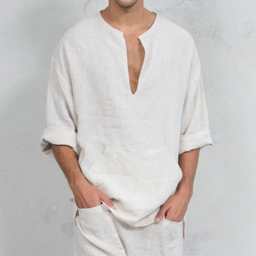 Men's casual high linen with Henley neckline and practical kangaroo pocket Amarae