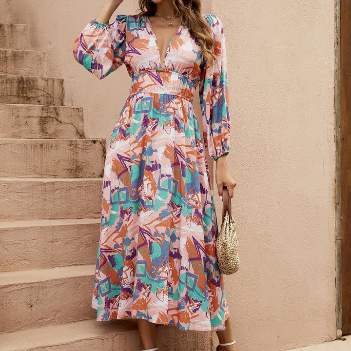Elegant maxi dress for ladies with deep V-neck and voluminous sleeves Lune London