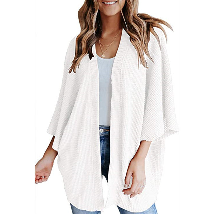 Ladies Waffle Knit Open Kimono Cardigan with Batwing Sleeves Amarae