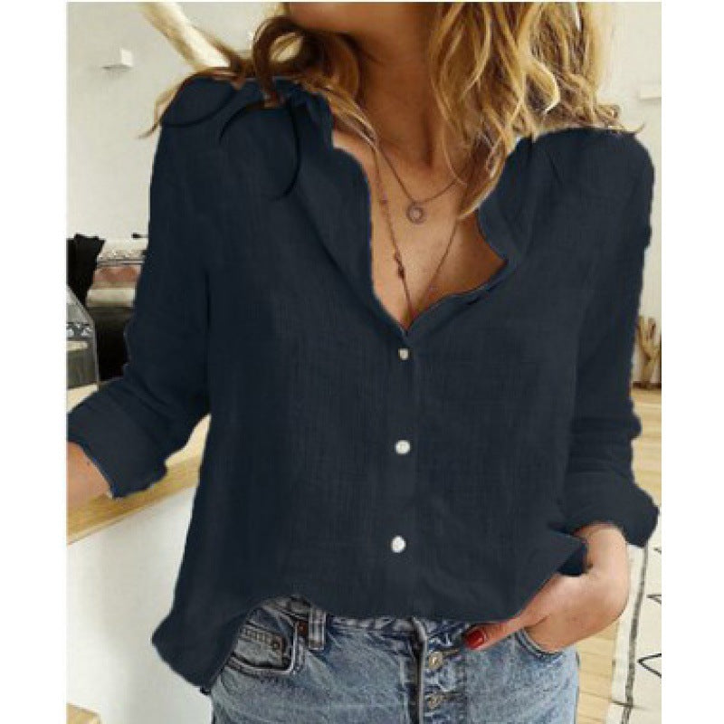 Women's lightweight linen blouse in a casual oversized cut with a step collar and continuous button placket Amarae
