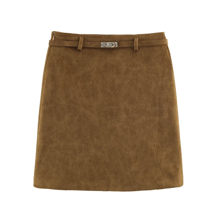 Women A-line mini skirt made of faux suede with narrow decorative belt Amarae