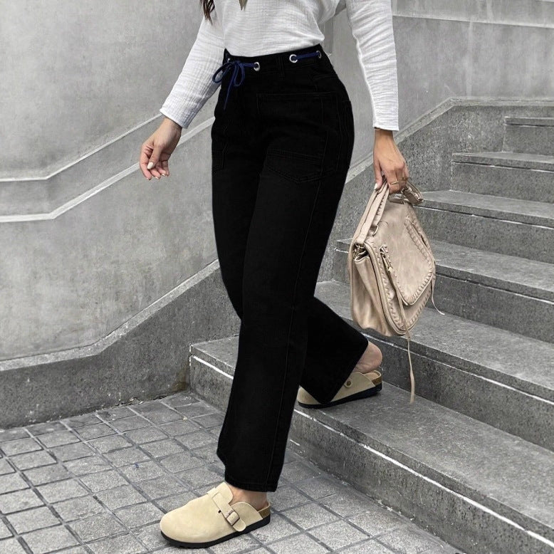 Women's high-waisted jeans with straight leg, drawstring waistband, and patch pockets Amarae