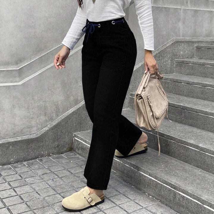 Women's high-waisted jeans with straight leg, drawstring waistband, and patch pockets Amarae