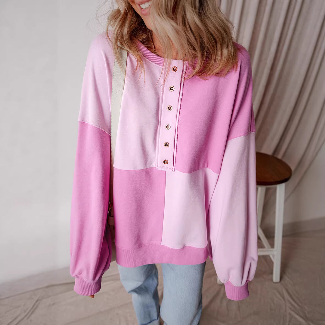 Women's Oversized Long Sleeve Sweatshirt in Colorblock with Henley Button Placket and Balloon Sleeves Amarae