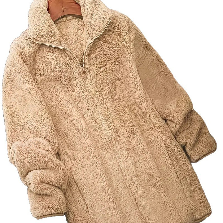 Ladies Soft Teddy Jacket with High Collar and Side Pockets Lune London