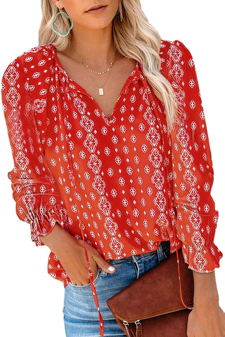 Blouse for women with ruffle details and a deep V neckline Lune London