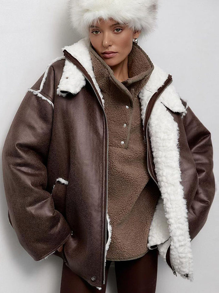 Women's Oversize Pilot Jacket in Vintage Look with Sherpa Lining and Contrast Trimmings Amarae
