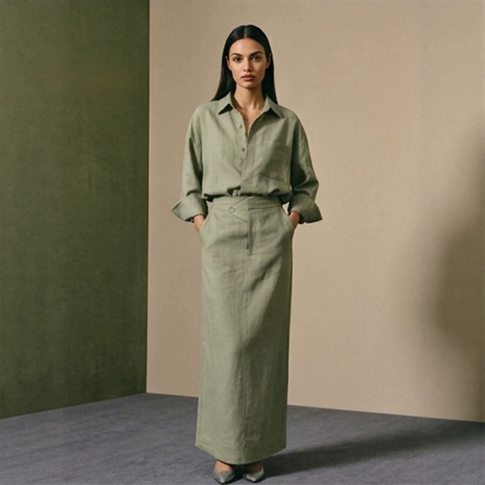 Women's Two-Piece Linen Set with Oversized Shirt and Fitted Maxi Skirt Amarae