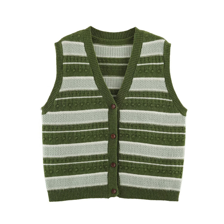 Women's fine knitted vest with V-neck, textured stripes and button placket Amarae