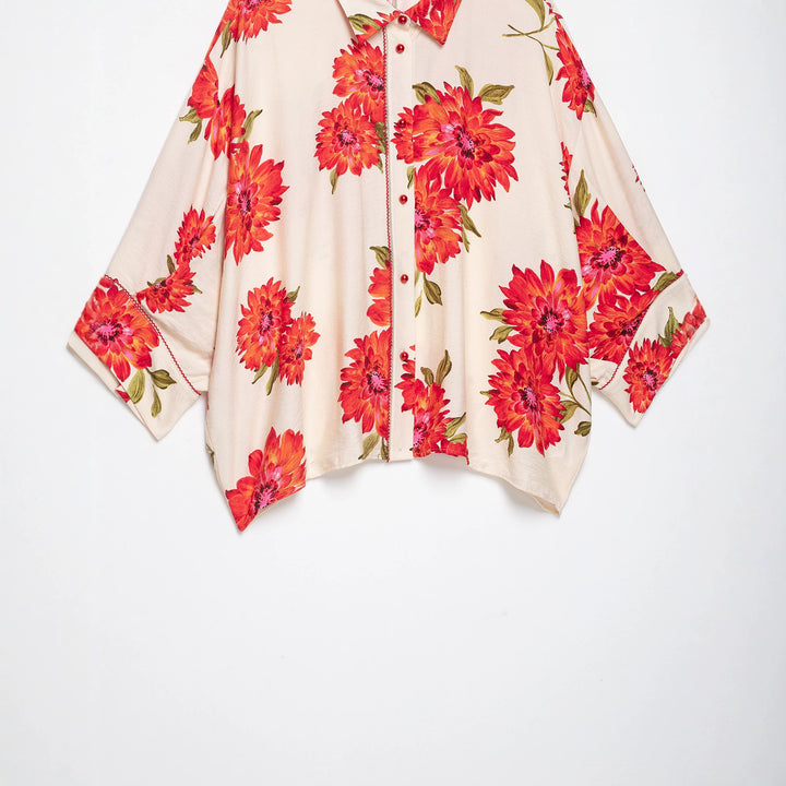 Women's oversized shirt blouse with large floral print, lapel collar and continuous button placket Amarae