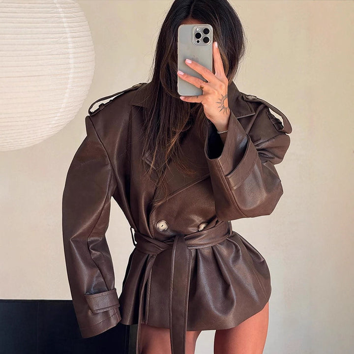 Women's short jacket made of faux leather with waistbelt and oversized shoulder area Amarae