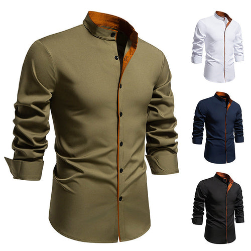 Men's Elegant Long-Sleeve Shirt with Modern Stand-Up Collar and Contrast Seams Amarae