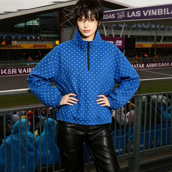 Women's Lightweight Polka Dot Half-Zip Transitional Jacket with Stand-Up Collar and Drawstring Amarae