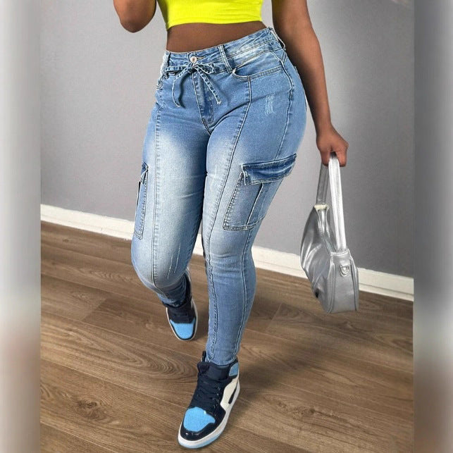 Women's High-waisted stretchy Cargo Skinny Jeans with drawstring waistband Amarae