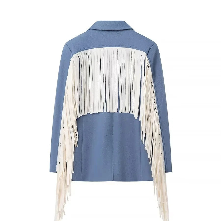 Women's Oversize Suede Look Blazer with Extra Long Fringe Trim and Contrast Stitch Amarae