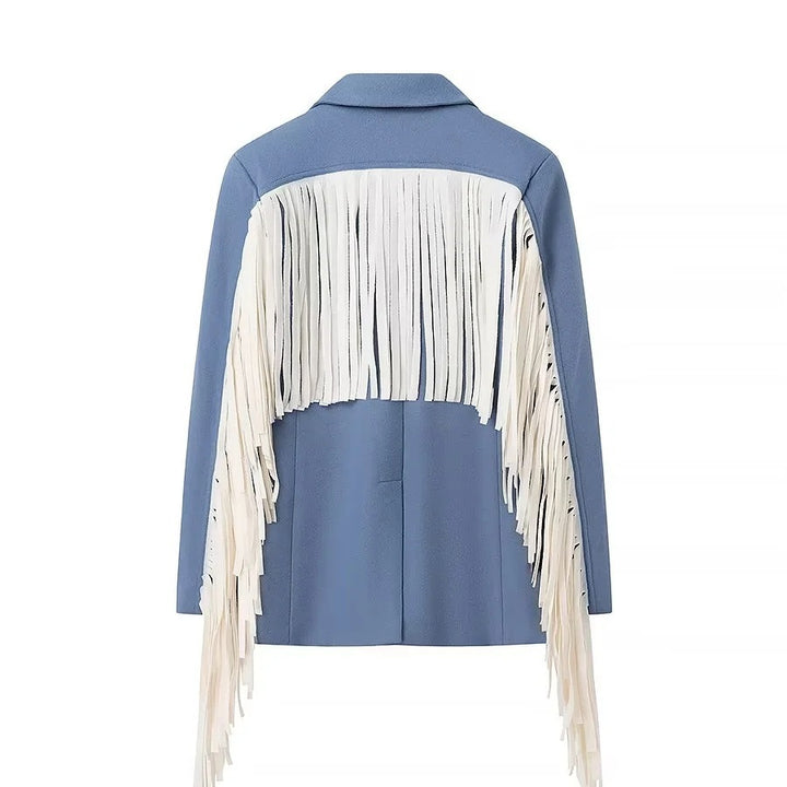 Women's Oversize Suede Look Blazer with Extra Long Fringe Trim and Contrast Stitch Amarae