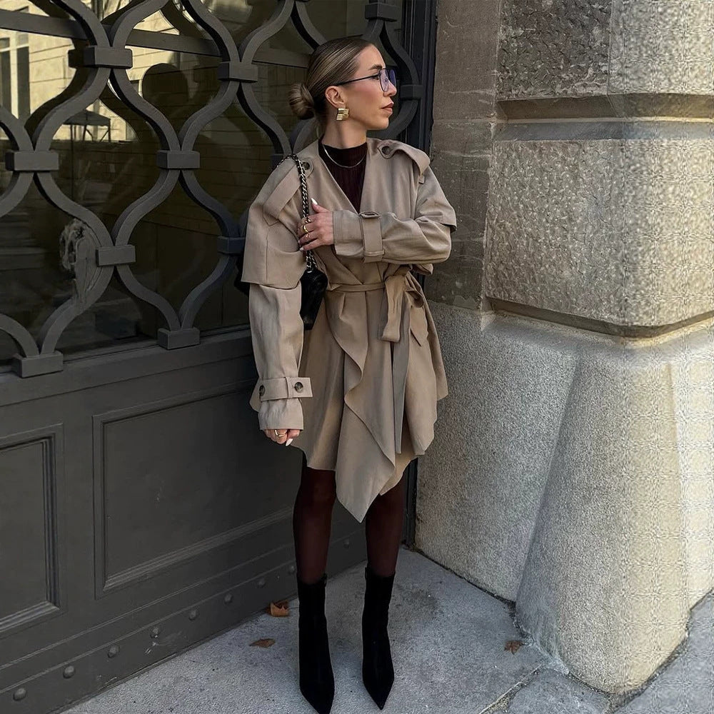 Women's Short Asymmetrical Wrap Coat with Ruffle Overlay and Tie Belt Amarae