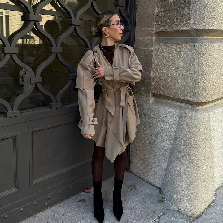 Women's Short Asymmetrical Wrap Coat with Ruffle Overlay and Tie Belt Amarae
