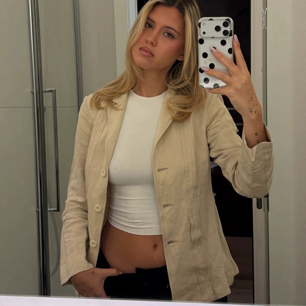 Women Lightweight Structured Linen Blazer with Relaxed Fit, One-Button Closure & Flap Pockets Amarae