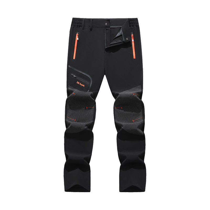 Men's softshell outdoor pants with reinforced knee sections, zippered pockets, and elastic waistband Amarae