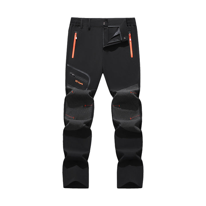 Men's softshell outdoor pants with reinforced knee sections, zippered pockets, and elastic waistband Amarae