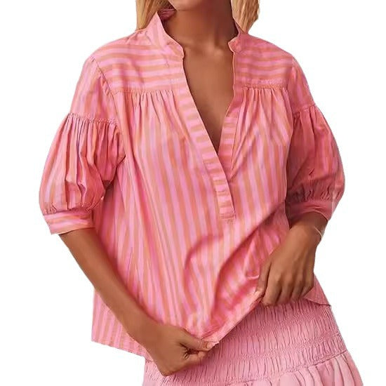 Puff sleeve blouse for ladies with V-neck and striped pattern Lune London