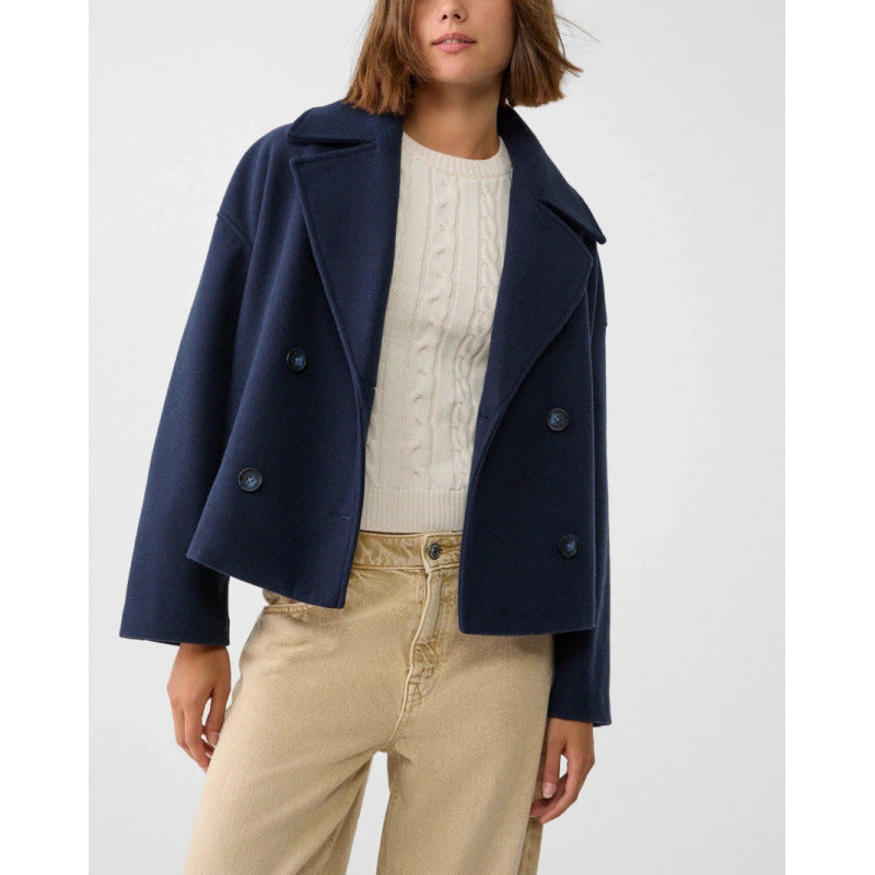 Women's Short Double-Breasted Wool Blend Peacoat with Oversized Lapels Amarae