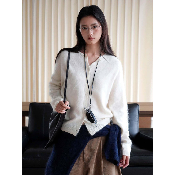 Women's short cardigan made of fluffy mohair mix with button placket and round neck