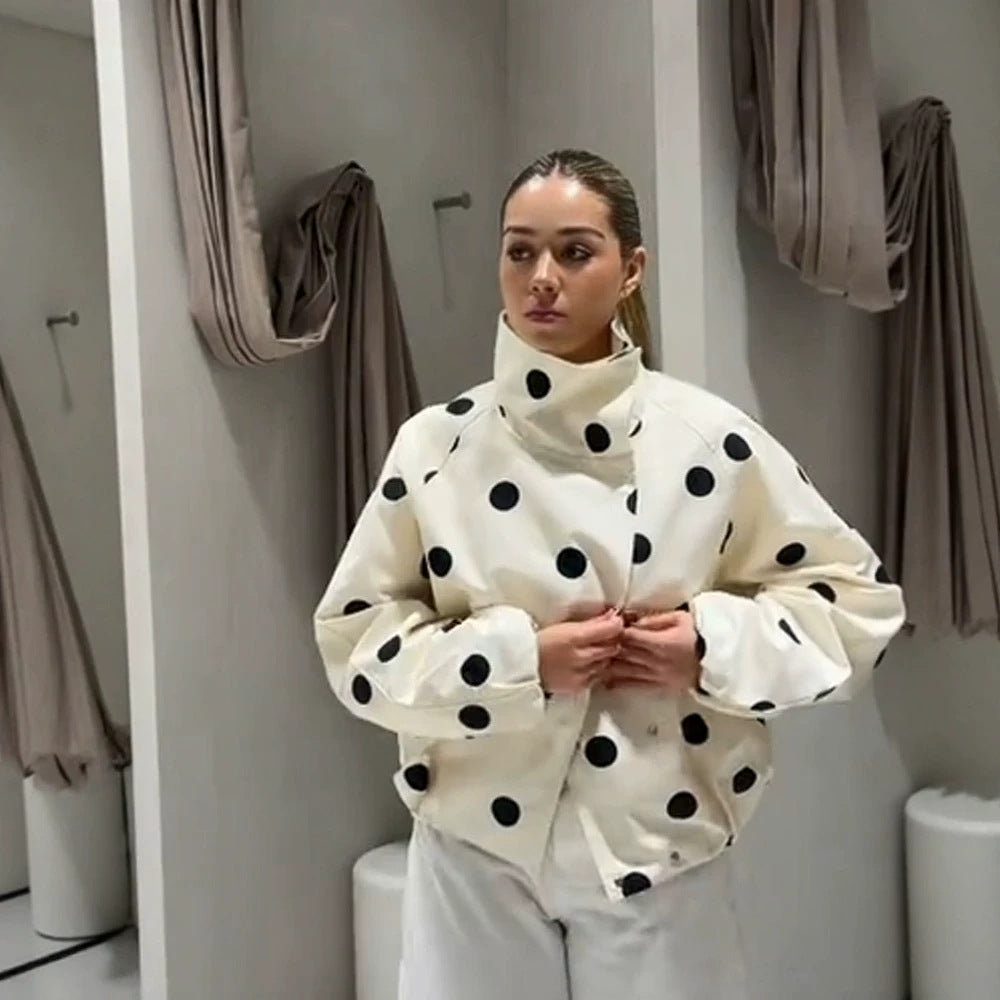 Women's cropped bomber jacket with oversized shawl collar and polka dot print Amarae