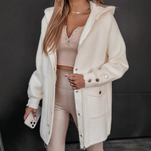 Ladies Cozy Fleece Jacket with Hood and Snap Buttons Chic & Stil