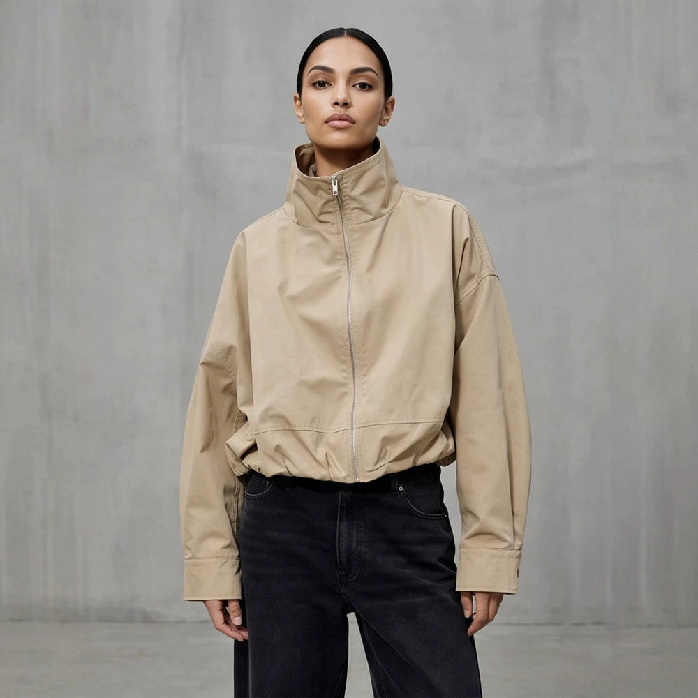 Women's Boxy-Cropped Windbreaker Jacket with High Standing Collar and Straight Hem Amarae