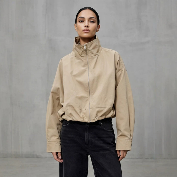 Women's Boxy-Cropped Windbreaker Jacket with High Standing Collar and Straight Hem Amarae