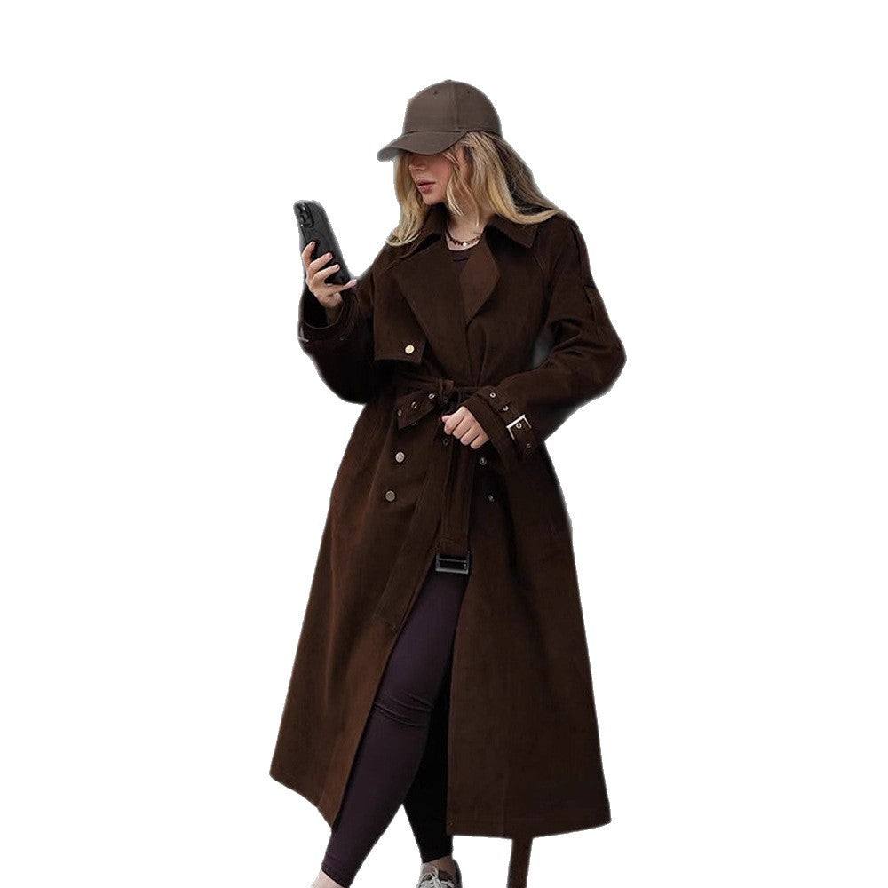 Women's Maxi Length Trench Coat in Velour Look with Double-Breasted Button Placket and Oversized Cut Amarae