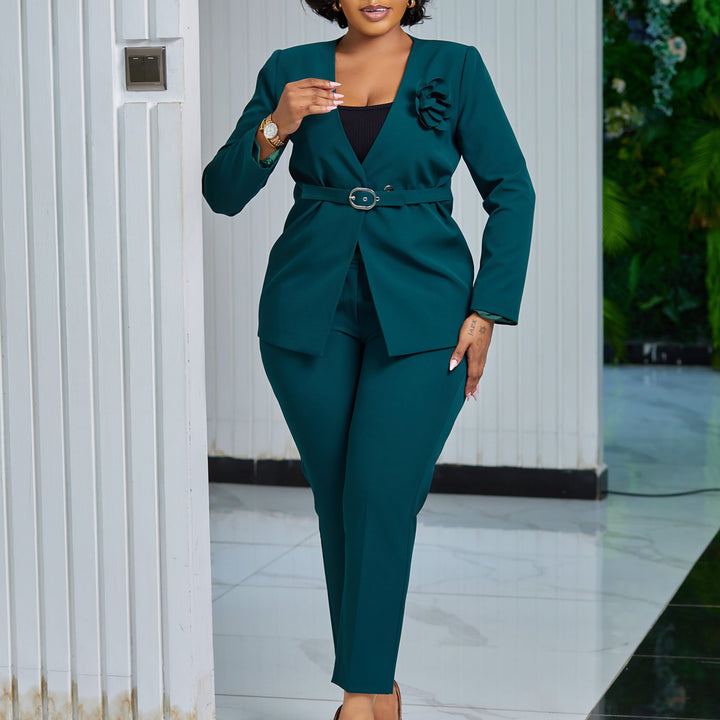 Lune London elegant blazer and pant set for women with belt and floral applique