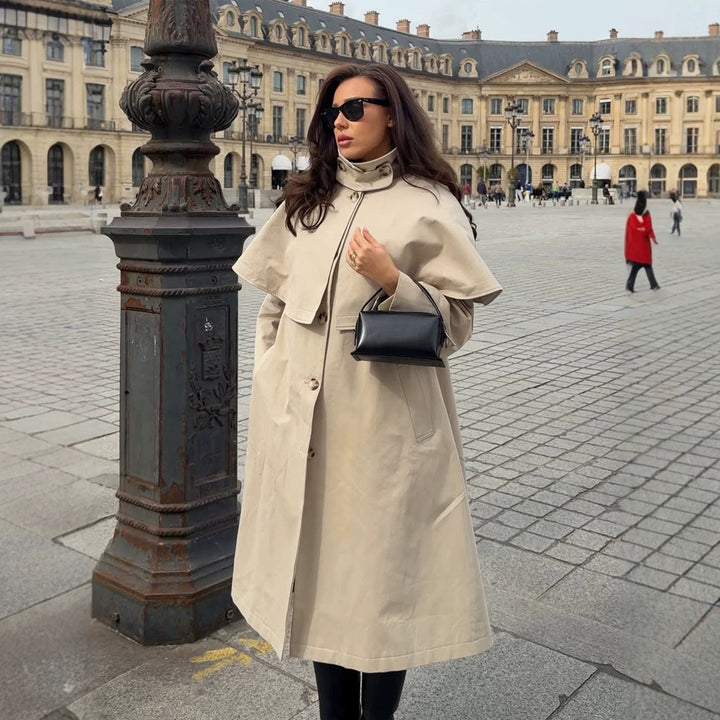 Ladies Oversize Trench Coat with Cape Detail and High Stand Collar Amarae