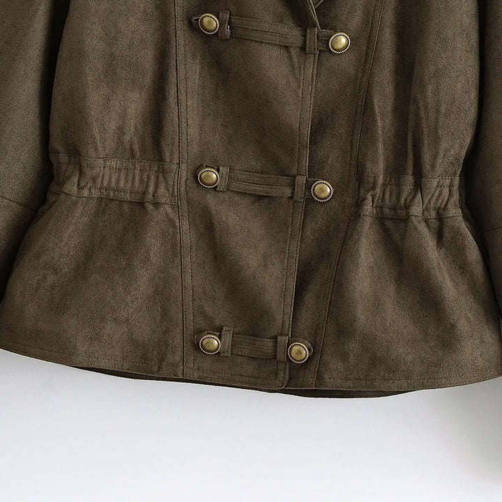 Women's Cropped Suede-Look Jacket with Shawl Collar, Waist Gather and Decorative Toggle Buttons Amarae
