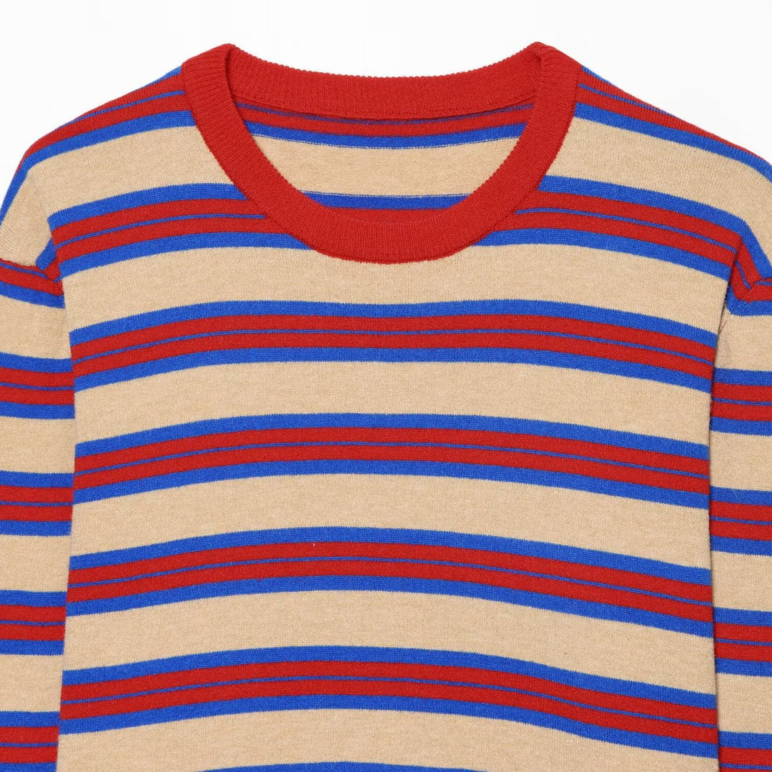 Women's Striped Fine Knit Sweater with Round Neckline and Extended Ribbed Cuffs Amarae