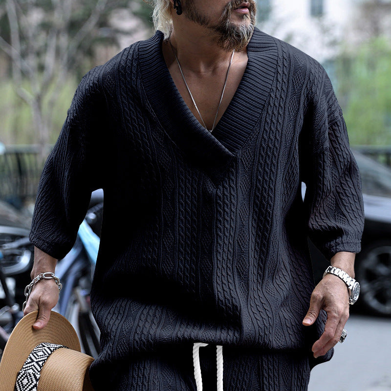 Thick knit sweater for men with deep V-neck Lune London