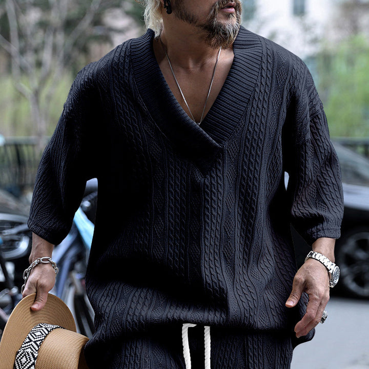Thick knit sweater for men with deep V-neck Lune London