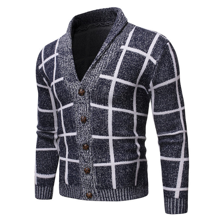 Men's knitted V-neck jacket with a modern plaid pattern Lune London