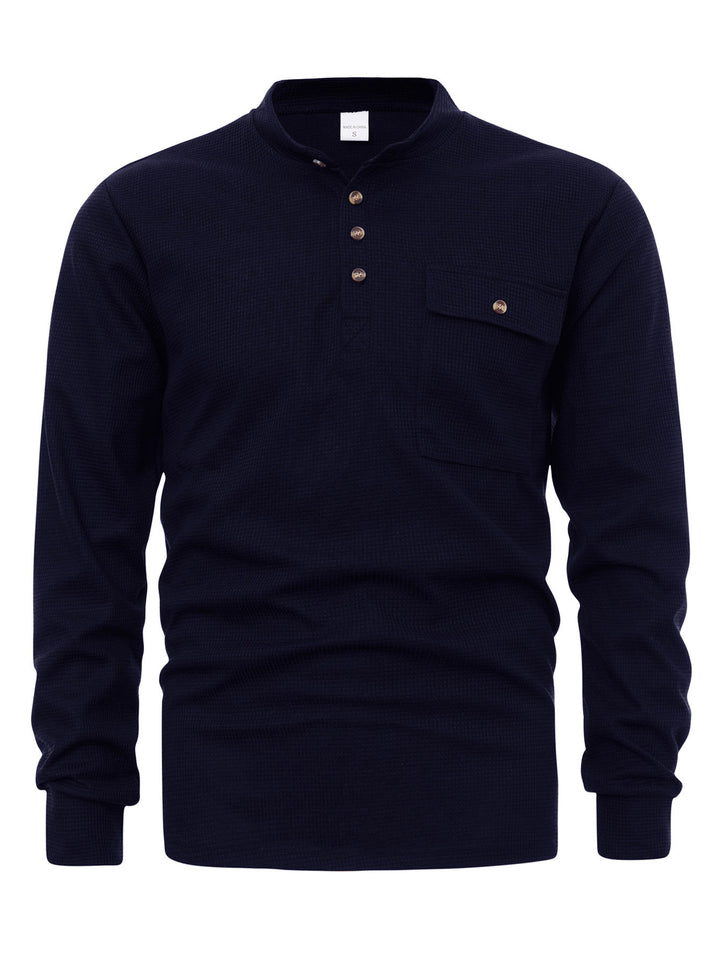 Men's long sleeve Henley shirt with structured design and practical chest pocket Lune London