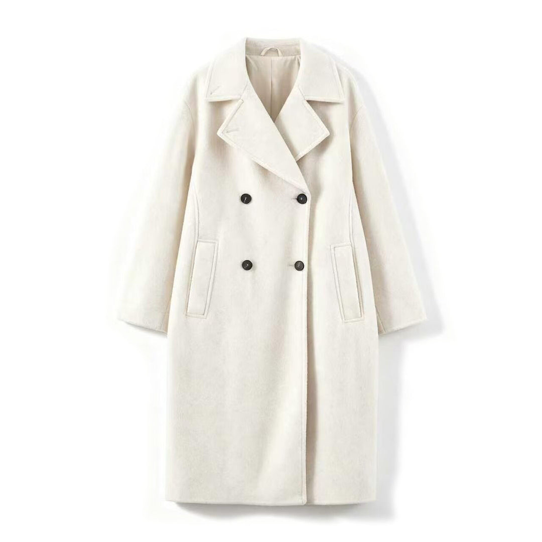 Women Mid-Length Wool Blend Double-Breasted Coat with Wide Lapels and Side Pockets Amarae