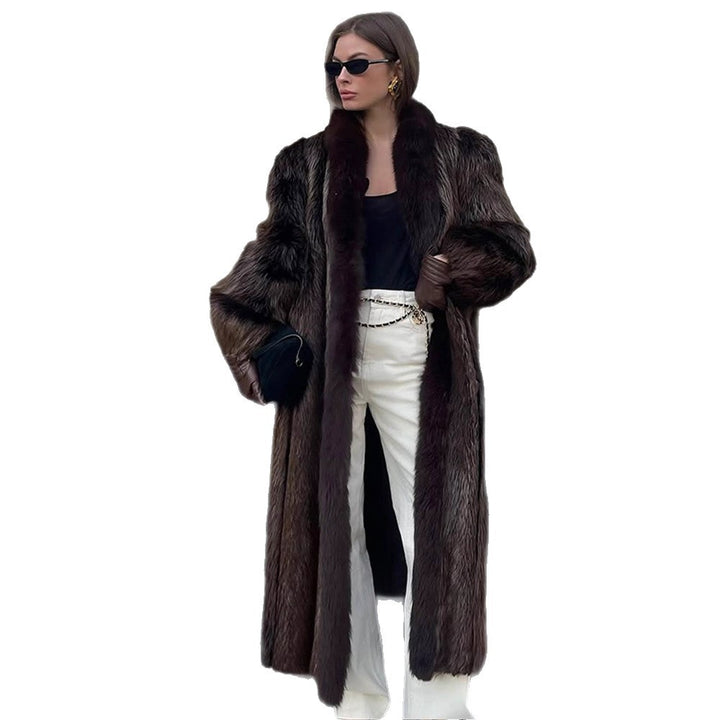 Women Luxurious Long Fur Coat with Wide Collar and Voluminous Sleeves Amarae
