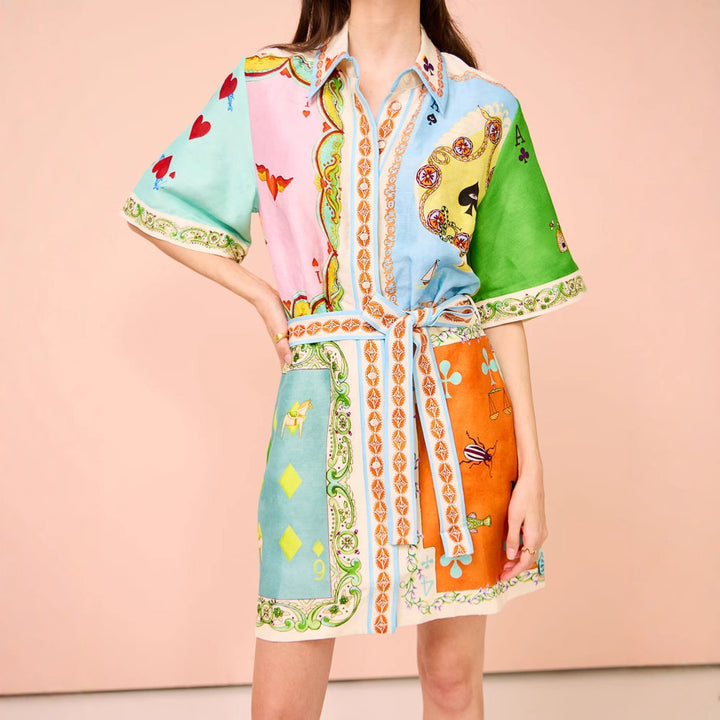 Women's shirt dress with colorful patchwork pattern and waist belt Lune London