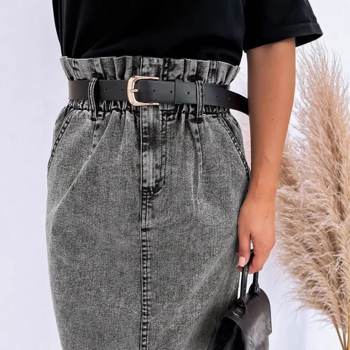 Women's High-Waisted Paperbag Denim Midi Skirt with Front Slit and Tied Belt Amarae