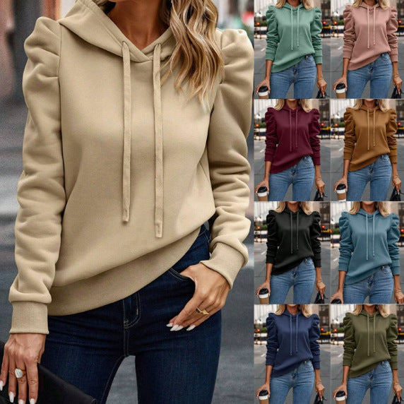 Ladies hooded sweatshirt with puff sleeves, drawstring and ribbed cuffs Amarae